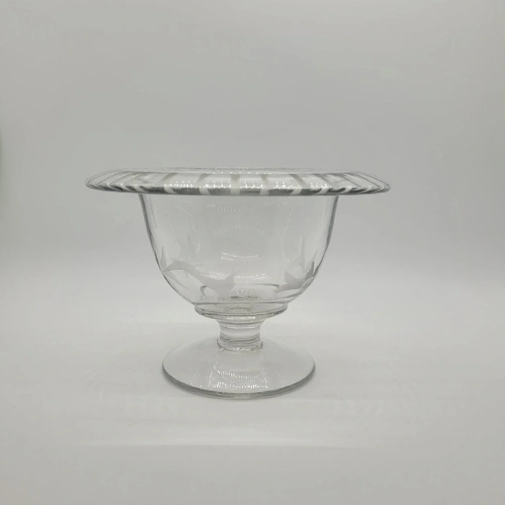 Vintage Etched Glass Footed Bowl Floral Butterfly Frosted Striped Rim Compote‎